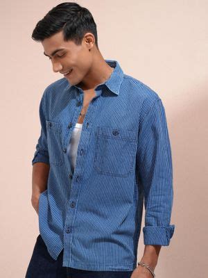 Buy LOCOMOTIVE Men Blue Stripes Relaxed Fit Casual Shirt (L) Online