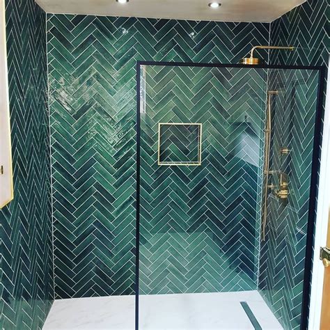 Green bathroom tile herringbone format – Artofit