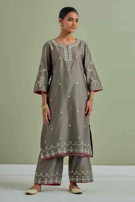 Buy Grey Chanderi Silk Embroidery Round Neck Kurta For Women by Priya ...