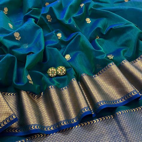 Peacock green & blue dual tone maheshwari saree with flower motifs all ...