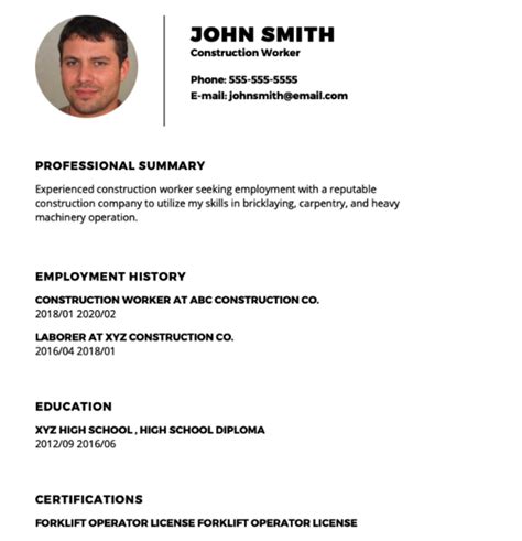 Image result for Construction Worker Resume Examples