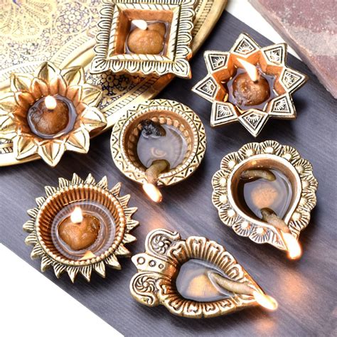 Buy Golden Brass Decorative Diya Decoration - Pack of 7 for Diwali Pooja