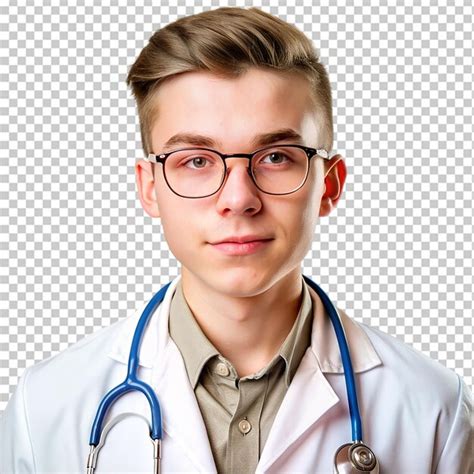 3d young medical internee with glasses smiling on transparent ...