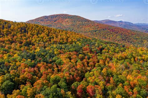 Aerial view of fall foliage along the Catskill Mountains in upstate New ...