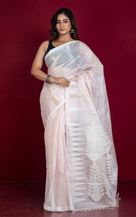 Handloom Tussar Silk Jamdani Saree in Frosted Pink, Off White and Gold ...
