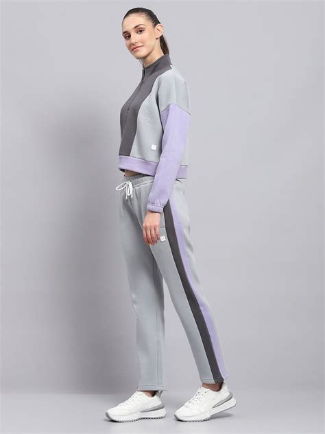 Buy Women Grey Solid Mock Neck Full Sleeve Tracksuit Online in India ...
