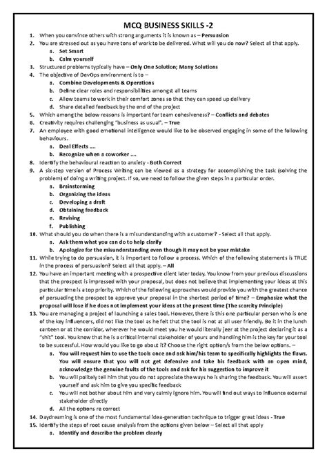 MCQ Business Skills - Practice Questions with Answers - Studocu
