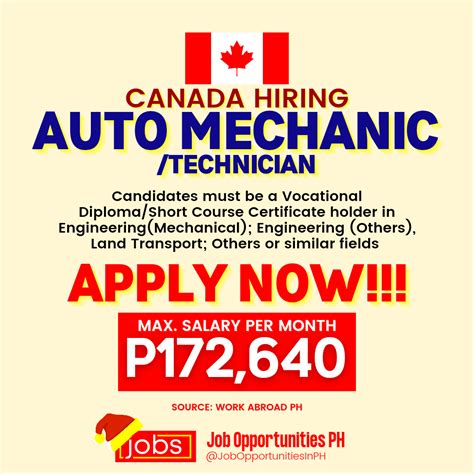 Job Opportunities for Auto Mechanic / Technician in Canada | Philippine Go