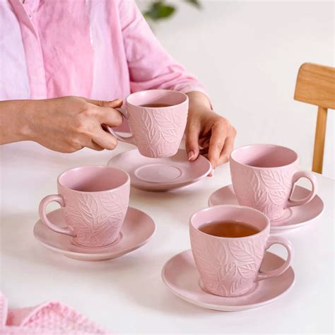 Leaf Embossed Cup And Saucer Set Of 4 With Stand 200ml Online - Premium ...