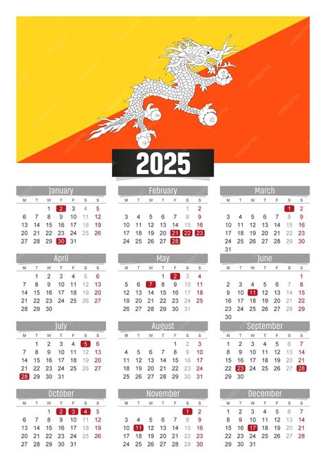 Premium Vector | New year 2025 calendar with Bhutan flag and public ...