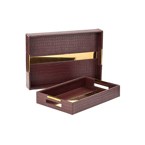Serving Tray Rectangular Dark Brown with Gold Stripe Set of 2 ...