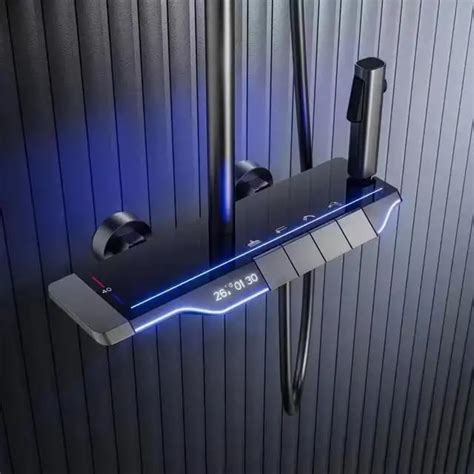 LAPHOENIX GERMAN Thermostat Shower Set Gun Grey Finish with Blue LED ...