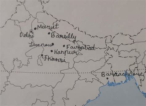 In a political map of India mark Kanpur, Barrackpore, Faizabad, Meerut ...