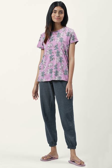 Purple Printed Sleepwear Half Sleeves Round Neck Women Relaxed Fit Tops ...