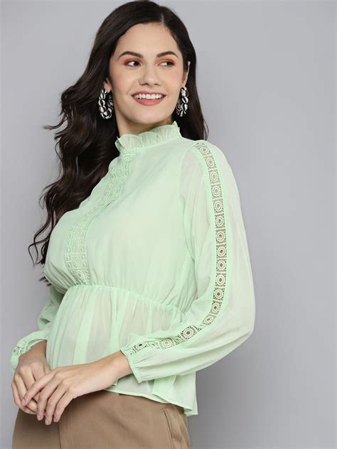 Buy Women Sea Green Balloon Sleeve Peplum Top Online at Sassafras