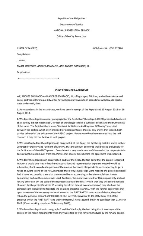 Joint Rejoinder Affidavit in NPS Docket No. FOR: Estafa Case - Studocu