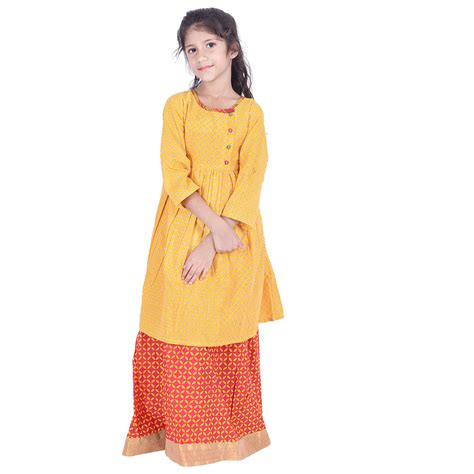 Buy AMMANYA Girls Cotton Printed Flared Knee Length Mustard Kurti with ...