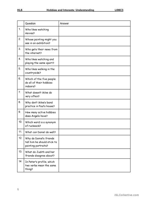 Hobbies Worksheet 的图像结果