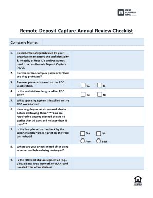 Fillable Online Remote Deposit Capture Annual Review Checklist ...