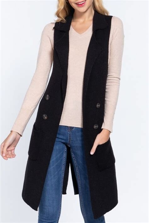Women's Sleeveless Notched Collar Long Knit Sweater Vest with Side ...