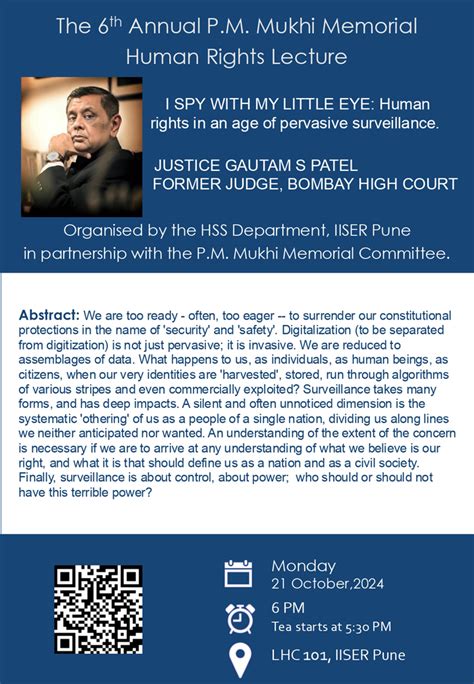 The 6th Annual P.M. Mukhi Memorial Human Rights Lecture Event - IISER Pune