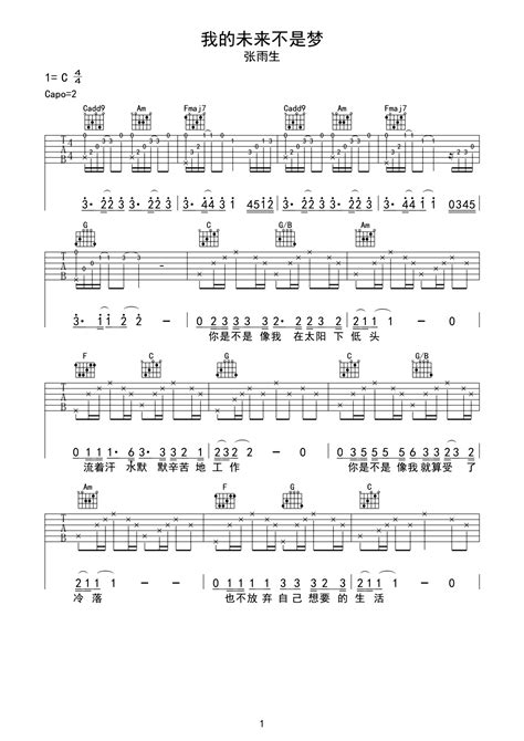 《我的未来不是梦》吉他曲谱完整版C调指法编配 - 原调C调 - 变调夹Capo=2 - 中级六线谱 - 易谱库