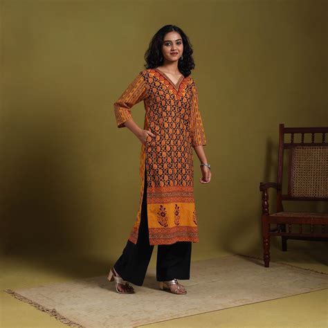 Orange Natural Dyed Cotton Straight Bagh Print Kurta