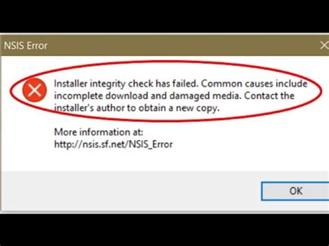 Nsis error installer integrity check has failed windows 10