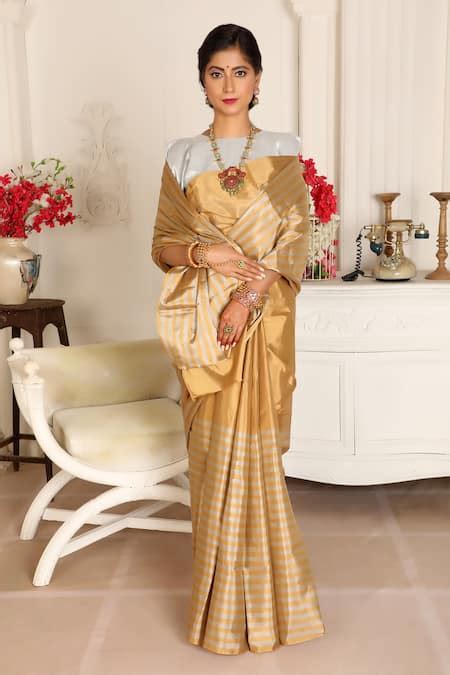 Buy Gold Handloom Cotton Swara Stripe Pattern Saree With Running Blouse ...