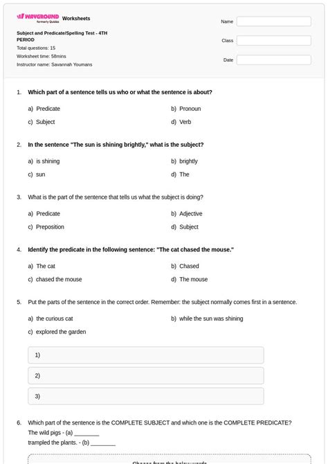 50+ Subject and Predicate worksheets for Class 5 on Wayground | Free ...