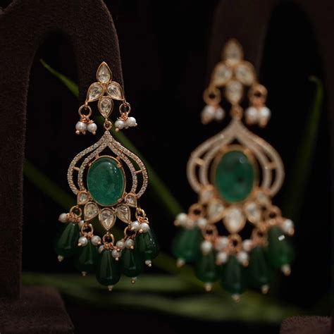 Kuvira Polki Designer Earrings - Dark Green
