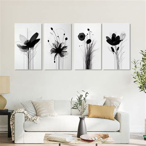 Monochrome Floral Elegance: Wall Art Canvas Paintings Set of 4 – Nestroots