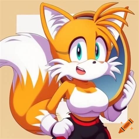 Female tails the fox looking in mirror wearing stylish outfit on Craiyon