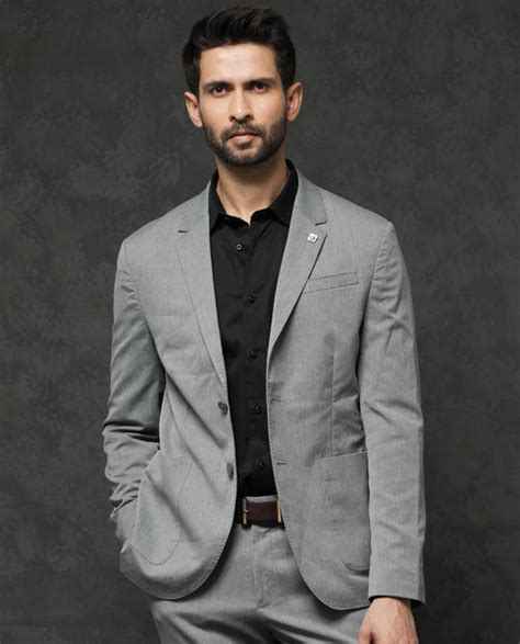 Rare Rabbit Men's Zanza Grey Polyester Viscose Fabric Notch Lapel Butt