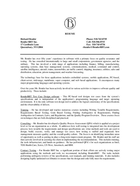 Fillable Online Richard Bender's Professional Profile Fax Email Print ...