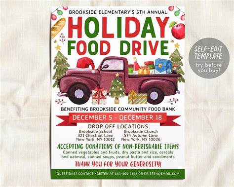 Holiday Food Drive Flyer Editable Template, Christmas Food Donations D ...