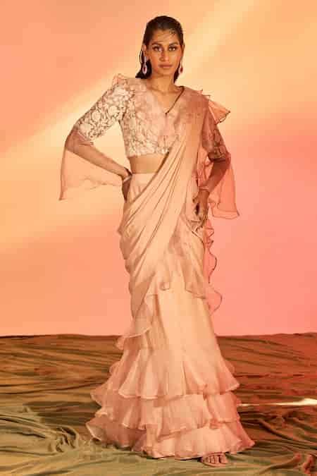 Buy Pink Crepe Hand Embroidery Pre-draped Ruffle Saree With Blouse For ...
