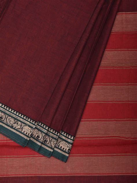 Maroon and Red Narayanpet Cotton Plain Saree with Strips Pallu Design ...