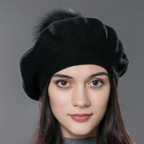 Unisex Winter Hat Womens Knit Wool Beret Cap with Fur Ball Pom Pom ...