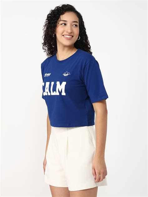 Buy Women Indigo Slim Fit Graphic Crop T-Shirt | Kraus Jeans