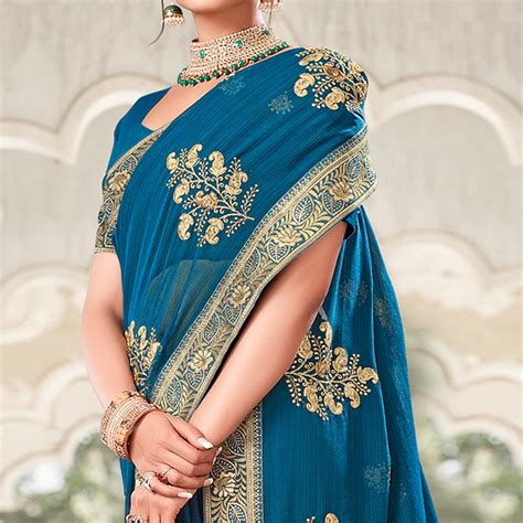 Teal Blue Floral Embroidered Georgette Saree