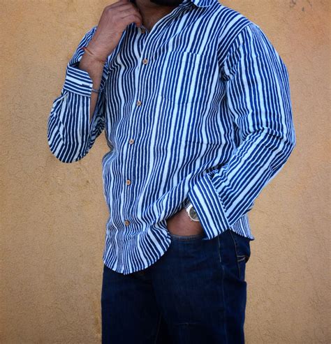 VJR Blue Stripe Katha Full Sleeves Shirt – Virasat Jaipuri Rang