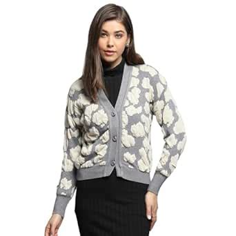 Buy Monte Carlo Womens Self Design Grey V Neck Full Sleeve Cardigan ...