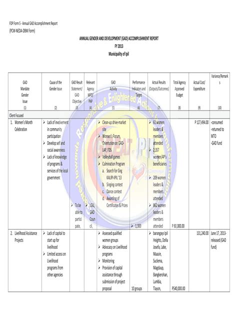 Fillable Online fdpp blgs gov FDP Form 5 Annual GAD Accomplishment ...