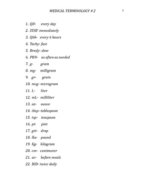 Fundamentals Medical Terminology 2 - MEDICAL TERMINOLOGY # 2 QD- every ...
