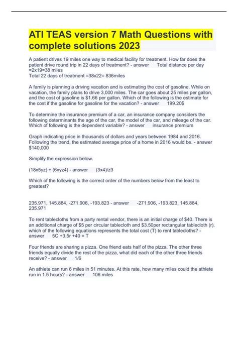 ATI TEAS version 7 Math Questions with complete solutions 2023 - ATI ...