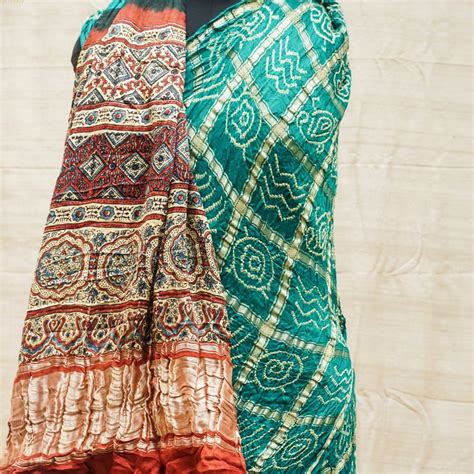Teal Hand Block Ajrakh with Bandhani Gharchola Modal Silk Saree – Khinkhwab