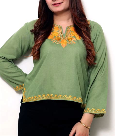 Green Base Embroidered Cotton Short Kurti – Kashmir origin