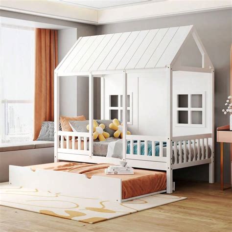 MERAX Twin Size Wood House Bed With Twin Size Trundle, Wooden Daybed ...