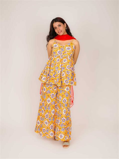 MEHIRA V-NECK SHOULDER STRAPS TIERED A-LINE KURTA WITH PALAZZOS & DUPA ...